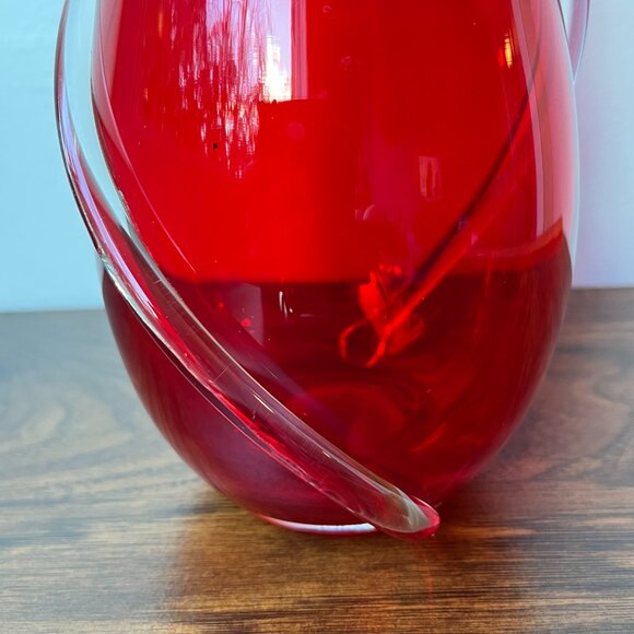 Murano Hand Blown Vase Ruby Red with Clear Swirls 9" Tall - Picture 9 of 16